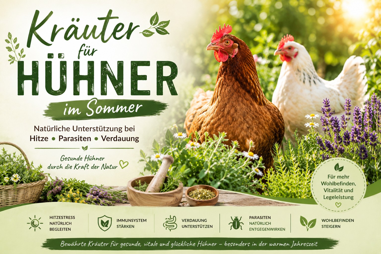 Kräuter für Hühner im Sommer: Natürliche Unterstützung bei Hitze, Parasiten und Verdauungsproblemen